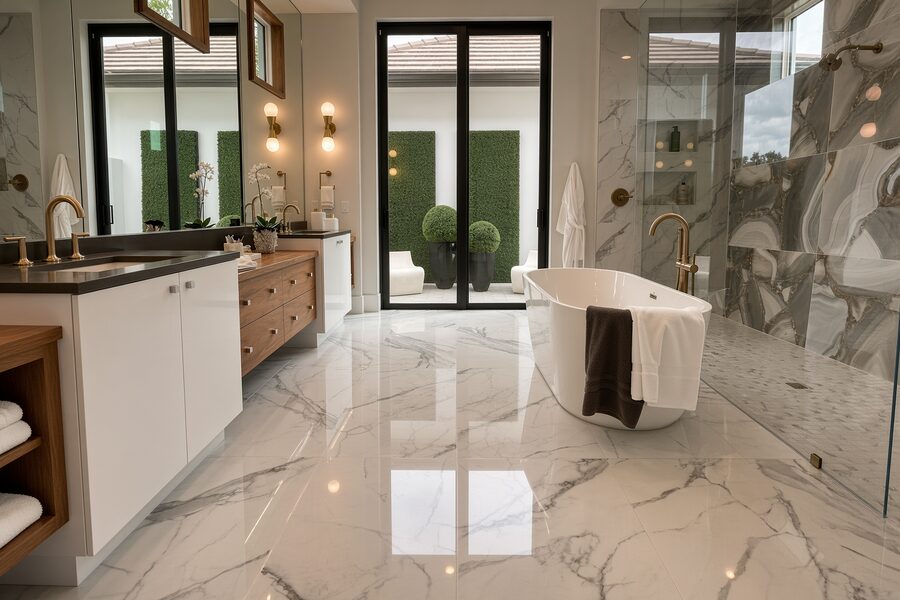 Marble-look tile floor through a master bathroom, with a freestanding tub and walk-in shower