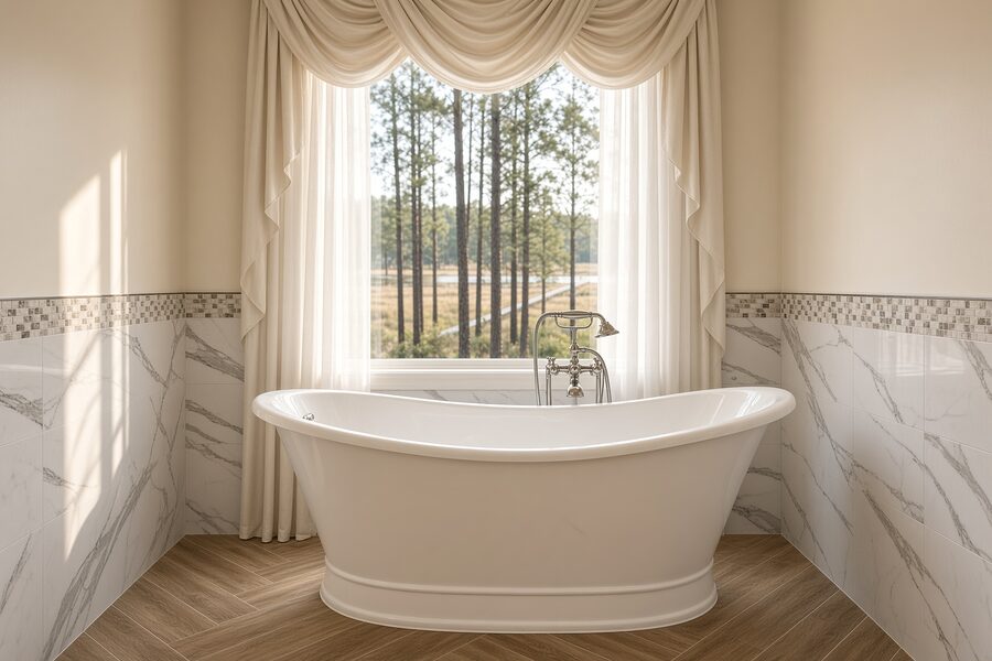 Soaking tub with marble-look tile surround, mosaic accent band and wood-look plank floor